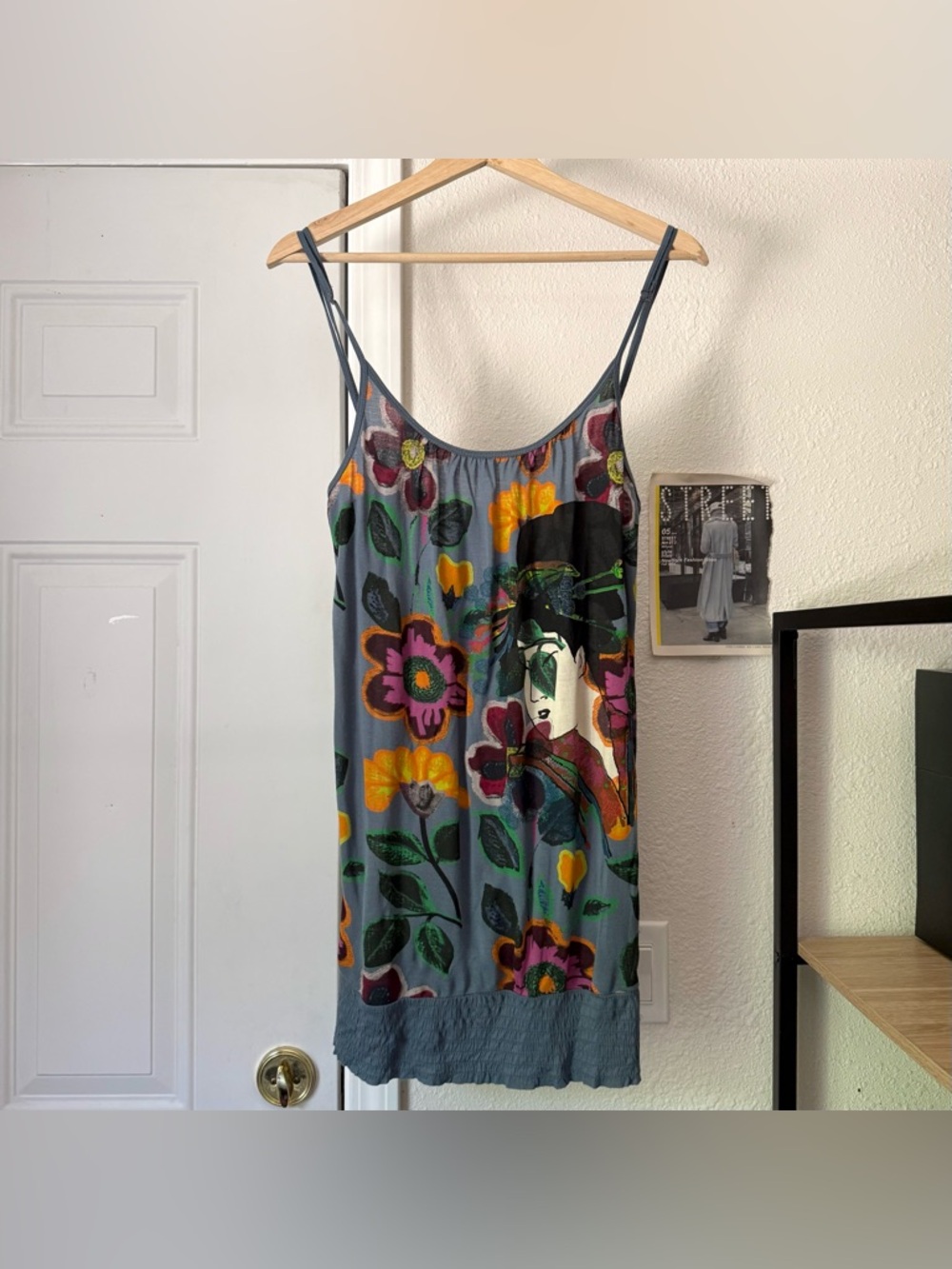 DESIGUAL blue geisha floral smocked hem‎ y2k long sleeve tunic slip mini dress